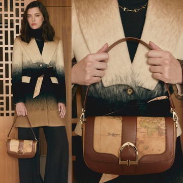 【Alviero Martini 義大利地圖包】皮革釦環裝飾 附長揹帶腋下包24cm-地圖黃x咖啡色