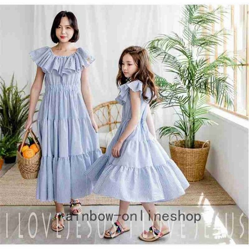 子供服ワンピース春夏女の子親子ペアキッズワンピース肩出しストライプチュニック子供ドレスジュニアおしゃれ可愛い涼しいビーチ 通販 Lineポイント最大get Lineショッピング