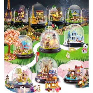 台中現貨【創彩】袖珍屋 diy小屋 模型屋 生日禮物 一起環遊系列 袖珍屋 透明罩小屋  娃娃屋 音樂盒 交換禮物