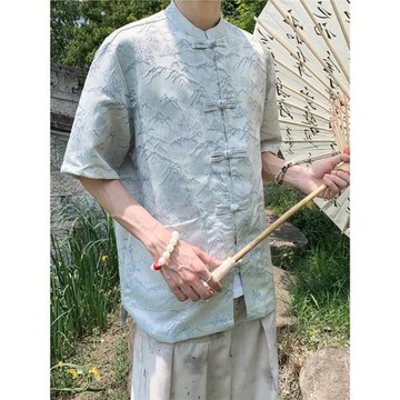 新中式大好河山提花設計感盤扣短袖襯衫男裝國風百搭大碼寬松襯衣