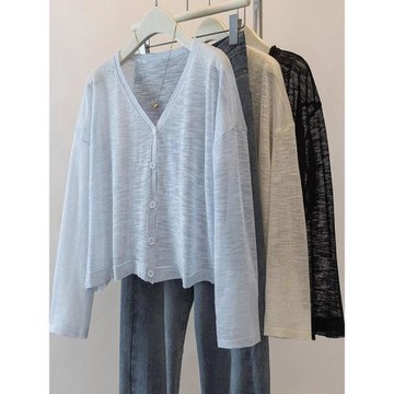 藍色冰絲針織防曬開衫女薄款夏季吊帶裙外搭披肩空調罩衫薄紗外套