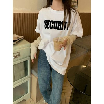 夏季新款韓版純棉字母印花短袖T恤衫寬鬆棕色中長款遮pp學生上衣 印花t恤 設計感衣服 短袖上衣 美式上衣 短袖t恤