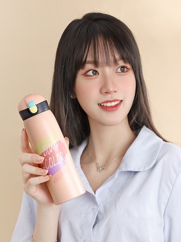 彈跳蓋保溫杯男女士簡約水杯不銹鋼保溫杯情侶茶杯學生車載禮品杯