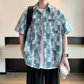 美式復古格子短袖襯衫潮牌2025夏季新款男士外搭寬松薄款痞帥襯衣