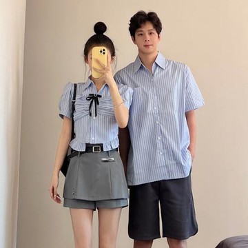 短袖男式條紋襯衫短款露腰少女襯衣短褲裙套裝高級感甜妹情侶裝夏
