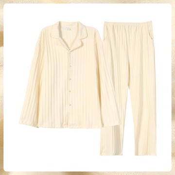 2025年新款睡衣男春秋款純棉長袖杏色條紋開衫翻領全棉家居服套裝