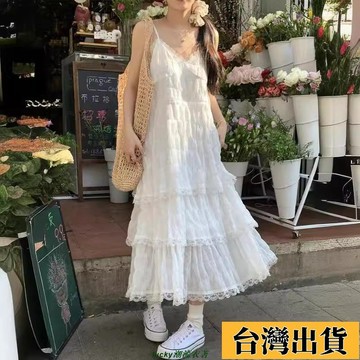📿好貨優選📿新款韓系 白色洋裝 海灘洋裝 法式洋裝 純欲風白色吊帶連衣裙 寬鬆蛋糕長裙子 婚禮洋裝 細肩帶 海島度假