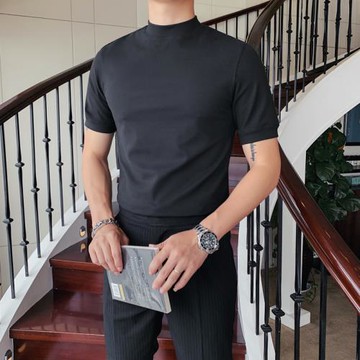 短袖T恤男純色半袖中領內搭體恤潮春季韓版修身潮流半高領打底衫