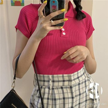 冰絲短袖T恤針織翻領polo針織衫法式短款高腰上衣女【聚物優品】