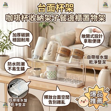 雙層杯架 杯子瀝水收納架 斜掛杯架 碳鋼材質 加高層距 附可拆接水盤 餐邊櫃/茶水間 茶杯收納架 槍灰/雅白可選
