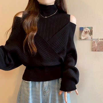 ZUCA”S - 韓版露肩半高領顯瘦假兩件針織上衣 毛衣 長袖上衣 女裝 衣服 發熱衣 冬裝 - W-522