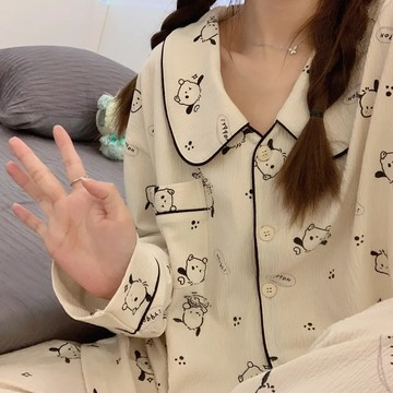 女生睡衣 女日系卡通睡衣 長袖開衫睡衣套裝 少女娃娃領居家睡衣 薄款家居服套裝 可外穿睡衣 女生睡衣【不二雜貨】