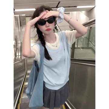 韓系藍色圓領冰絲針織衫女夏薄款正肩短袖T恤罩衫拼接假兩件上衣