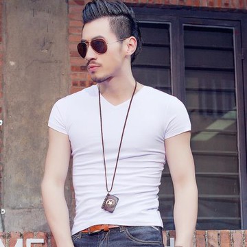 【斷碼清倉】夏季純棉純色短袖t恤男v領彈力修身全棉體恤衫半截袖