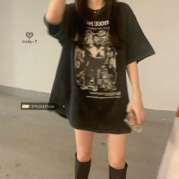 ins超火港風黑色印花短袖T恤女2022夏季新款chic港味寬松半袖上衣