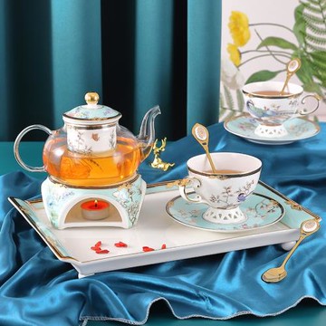 花茶壺玻璃壺帶過濾蠟燭底座家用陶瓷水果茶骨瓷紅茶水壺茶杯套裝