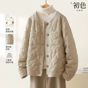 初色 小香風菱格拼接寬鬆圓領排釦長袖夾棉外套女外套-香檳色-16938(M-2XL可選)