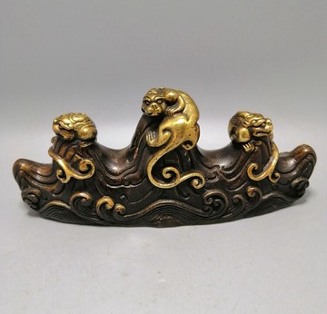 古玩仿古雜項 純銅精工海水紋山子筆架 居家文房畫室擺件收藏