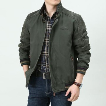 秋季夾克男士立領大碼薄款寬松全棉水洗上衣工裝多袋外套男