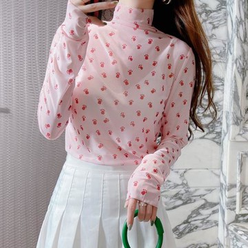 高領防曬網紗打底衫女夏季長袖薄衫緊身內搭T恤套頭罩衫冰絲上衣