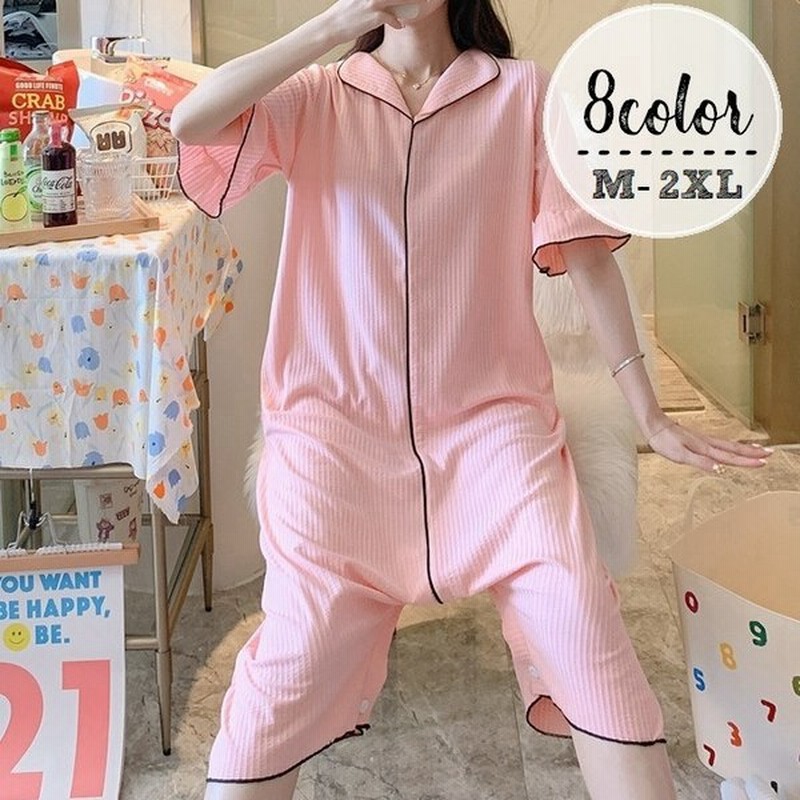 ルームウェア パジャマ ワンピース ロンパース ツナギ ネグリジェ レディース 女性 丸襟 半袖 膝丈 フリル 大きいサイズ ゆったり プルオーバー 通販 Lineポイント最大get Lineショッピング