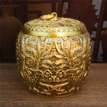銅工藝品雙龍茶葉罐擺件辦公室桌面創意大小黃銅儲藏罐帶蓋密封罐
