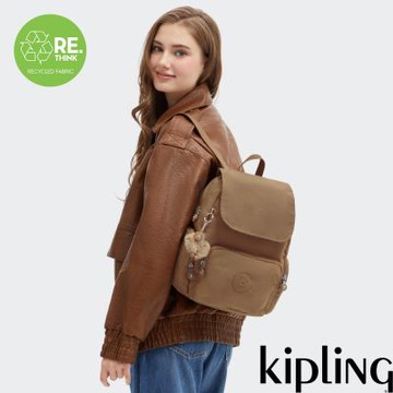 『猴子包』Kipling 棕褐色掀蓋拉鍊後背包-CITY ZIP S