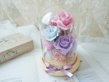 不凋花玻璃罩夜燈【煙紫天藍】永生花/新婚/七夕情人節/生日