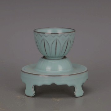 宋 汝窯藍釉四足盞 蓮花杯 仿崇寧皇宋宮支釘瓷器古玩擺件 茶具