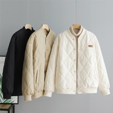 中長款菱格棒球棉服女2023冬季新款韓版寬松百搭圓領夾棉棉衣外套