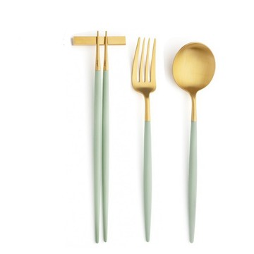 Cutipol 葡萄牙  GOA系列 青玉金新三件餐具組-叉匙筷  21.5cm主餐叉 / 21.5cm主餐匙 / 22.5CM筷組