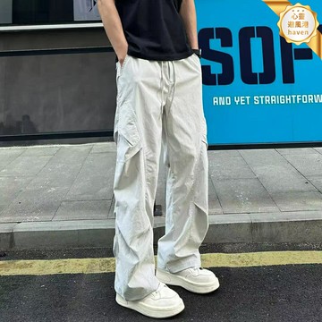 【褶皺速幹】直筒休閒褲 工裝褲 男褲 長褲 夏季薄款 寬鬆垂感 戶外運動 多口袋設計 透氣快乾 潮流百搭