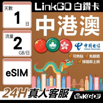 LINKGO白鑽卡 中港澳 eSIM卡 1天上網卡 每日2GB 無速流量 免翻牆可熱點(中港澳網卡 中國 大陸 香港 澳門 虛擬卡)