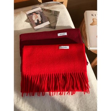 圣誕新年紅色純羊毛圍巾女冬季高級洋氣純色保暖圍脖護頸生日禮物