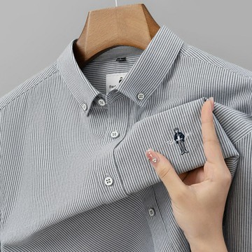 【新款熱賣】男士長袖襯衫條紋全棉刺繡男士上衣男襯衣休閑襯衫新款純棉男