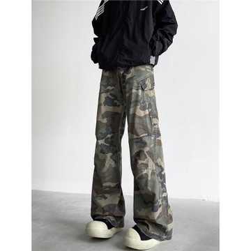 復古hiphop迷彩工裝褲男女款春秋季純棉水洗直筒拖地闊腿休閑長褲