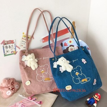 <免運促销款>小熊手提包女 燈芯絨可愛刺繡大容量包包 手提袋