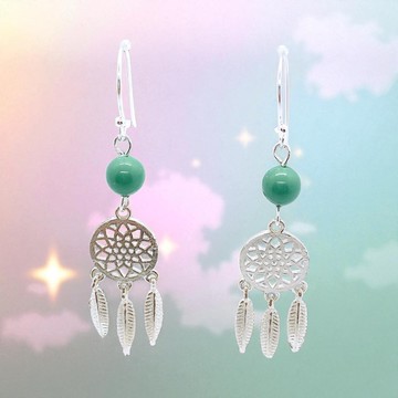 純銀 捕夢器 925 防敏感 粉綠 施華洛珠耳環