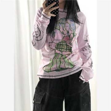 粉色女孩印花寬松彈力長袖打底衫薄款T恤夏季新款亞文化顯瘦上衣