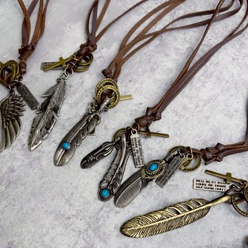 歐美日韓可調節皮繩高橋復古寶石羽毛項鏈男女嘻哈原宿風新配飾品