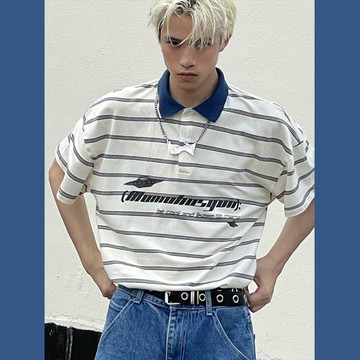 MamaHasGun美式街頭復古樂隊UFO印花logo寬松薄款短袖條紋polo