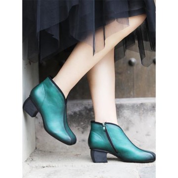 清倉設計感復古媽媽馬丁靴女款春秋真皮高跟女士小短靴子氣質名媛