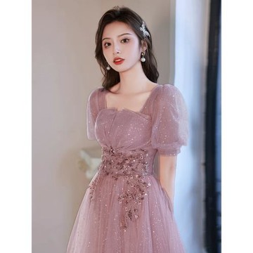 粉色晚禮服女輕奢小眾高端宴會主持藝考演出連衣裙高級感公主短款