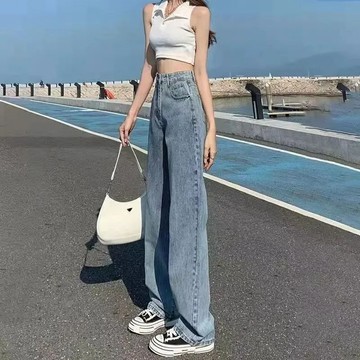 免運 小個子穿搭 復古藍牛仔褲女2026春夏懷舊直筒寬松高腰顯瘦百搭闊腿褲拖地長褲 多巴胺 小個子長褲 小隻女