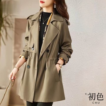 初色 大翻領收腰百搭休閒風衣外套-共3色-64312(M-2XL可選)
