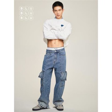 BluBluBlu 小眾設計男裝 美式復古牛仔褲寬松做舊水洗拖地直筒褲
