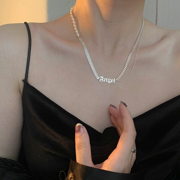 小寶s925純銀哥特字母天然珍珠拼接項鏈女鎖骨鏈高級輕奢小眾氣質