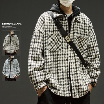 【免運/可開票】男裝 男外套 休閒褲 夾克男 風衣 大衣 夾克男秋冬冬日系復古針織千鳥格高街潮牌工裝襯衫小香風外套男款
