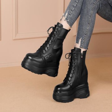 14CM超厚底馬丁靴秋季新款超高跟坡跟短靴松糕底中筒靴真皮女靴子