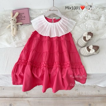 🌈✨mix1001偏大⚠️造型領棉麻蛋糕洋裝✨兒童拼色蛋糕洋裝5-17